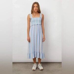 Rails Rumi Smocked Blue Ivory Sky Cherry Midi Linen Blend Dress Size Medium